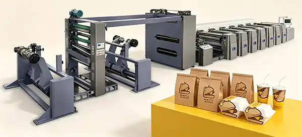 petal type flexographic printing machine for shopping bag production with finished paper bags
